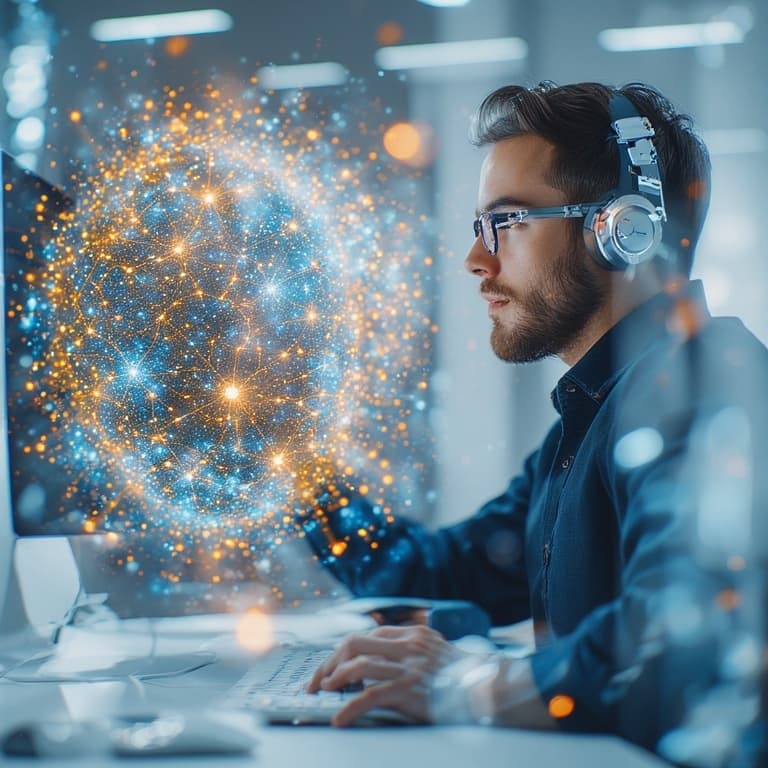 Smiling man in business attire holding documents with futuristic interface graphics.