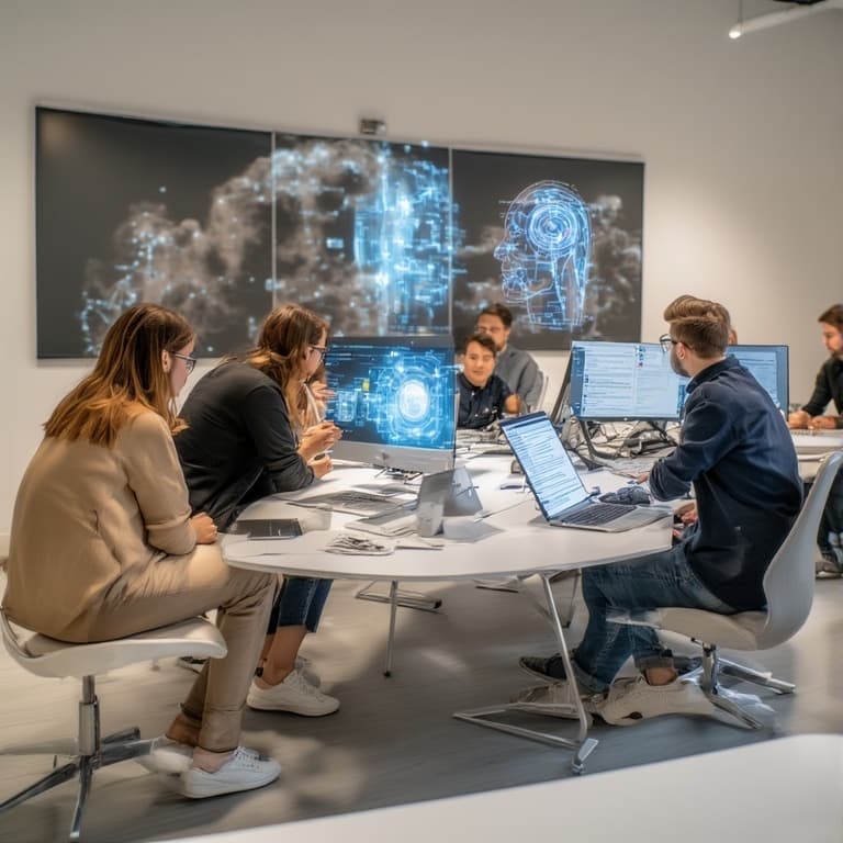 AI robots working on laptops in a modern office.